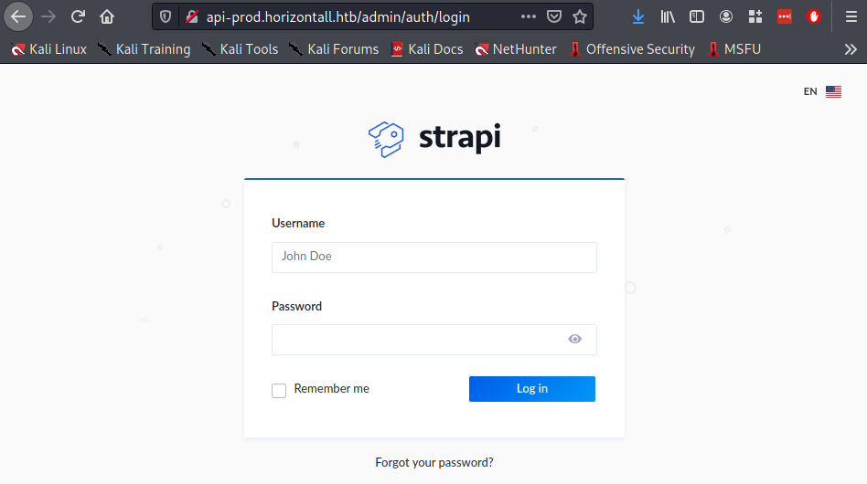 The admin login page for an API framework strapi